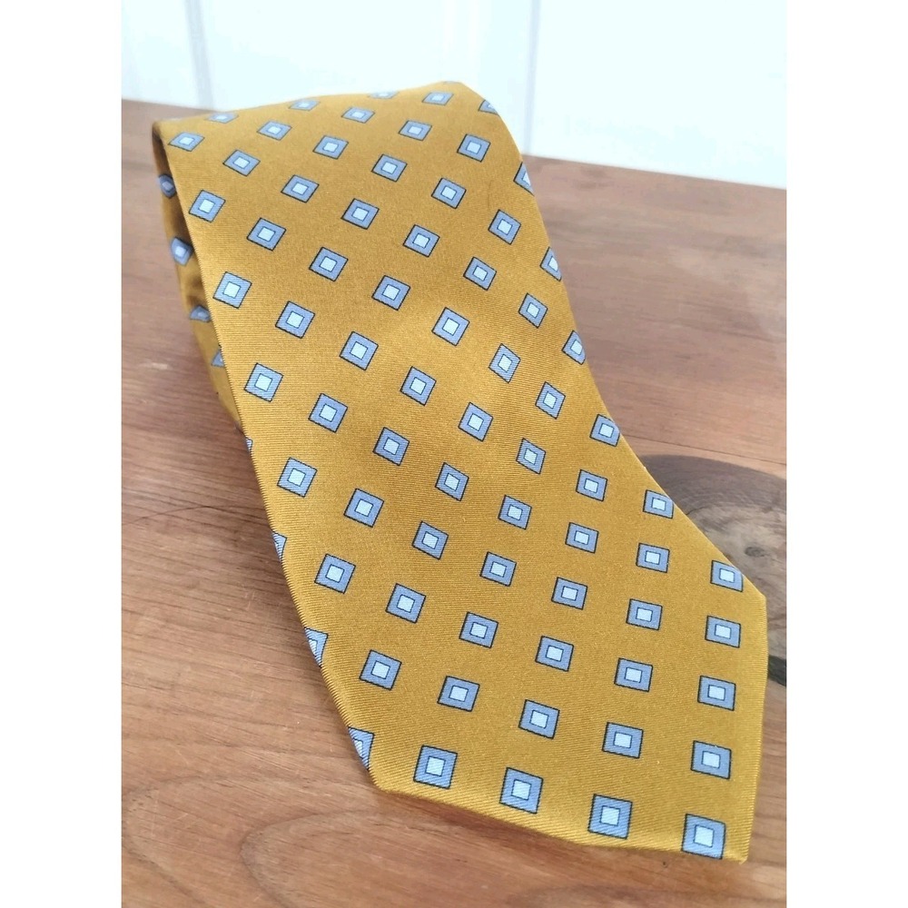 Brooks Brothers Makers Tie Gold Silk Geometric Squares Blue Vintage Ivy Mens 3.5